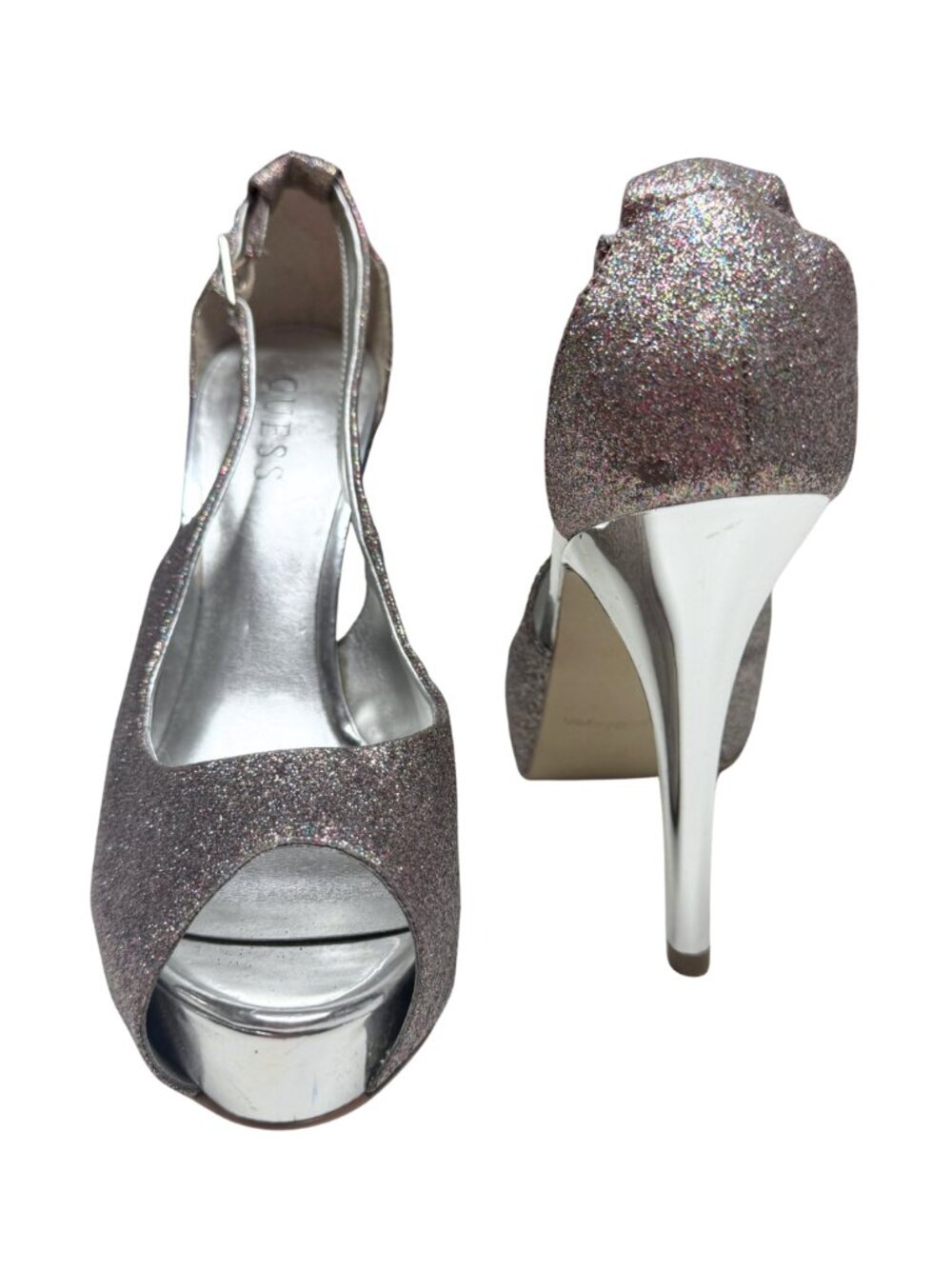 Guess Silver Glitter Peep Toe Slingback Heels Chrome Stiletto Platform Size 8.5